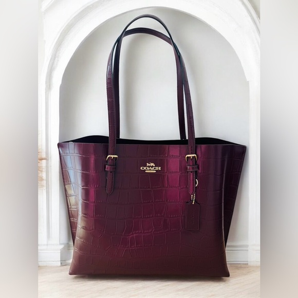 Coach Croc Embossed Mollie Large Tote Bag Carryall Merlot - Picture 1 of 10